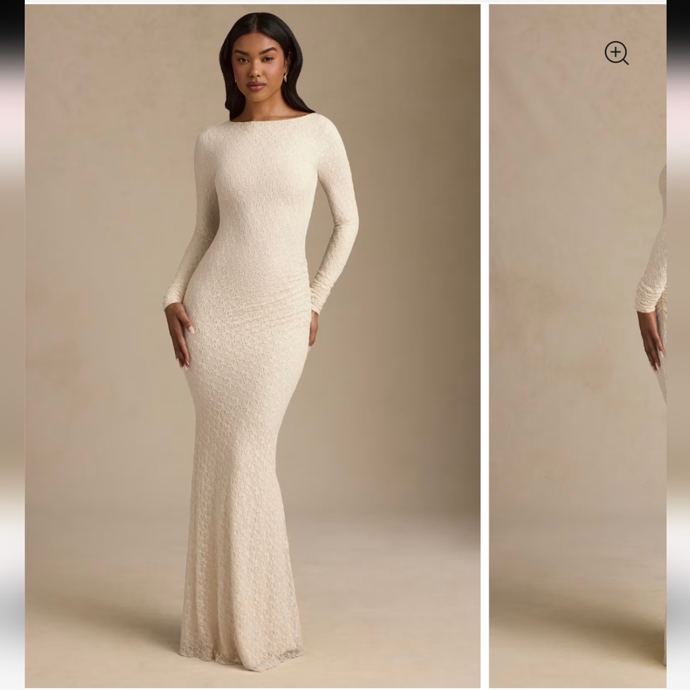 NWT Oh Polly Tarini Ruched Backless Lace Maxi Dress in Ivory, Size S - Picture 3 of 11